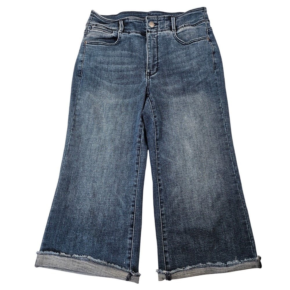 NYDJ Womens Size 8 Wide Leg Crop Jeans Lift Tuck Blue Denim Raw Hem Coastal
